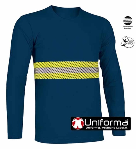 [UN304] Camiseta Manga Larga Algodón Banda Reflectante Bicolor -UN304 (Azul Marino)