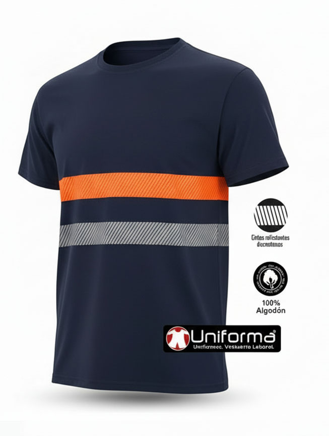 Camiseta Algodón Bandas Reflectante y Naranja Flúor  - UN1006
