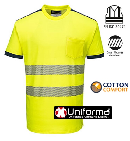 [PT181] Camisetas de alta visibilidad en Algodón / Poliéster bandas segmentadas - PT181 (Amarillo / Marino)