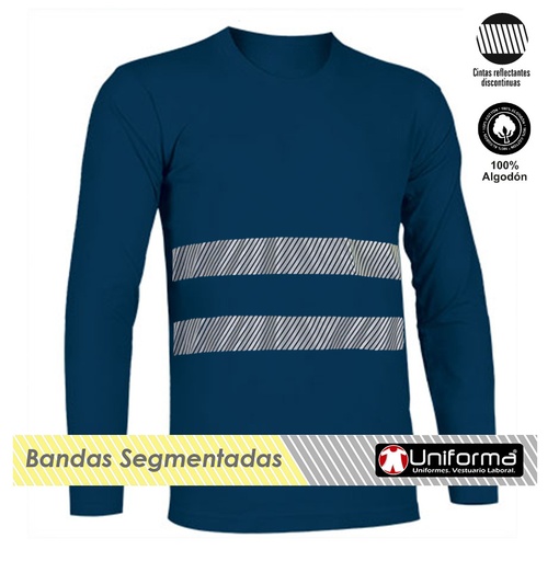 [UN004] Camiseta Manga Larga Algodón Bandas Reflectantes UN004 (Azul Marino, Banda Gris)